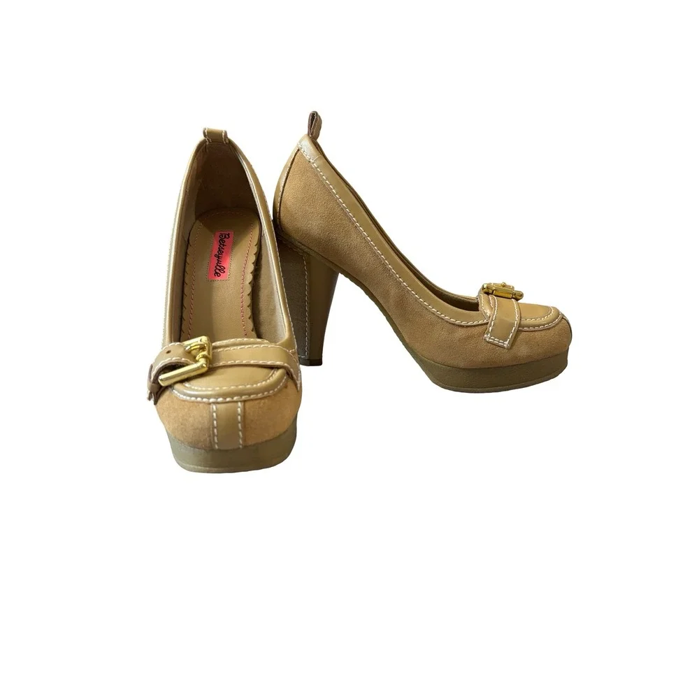 Y2K Betseyville Betsey Johnson Tan Leather Suede Platform Buckle Pumps Size 9